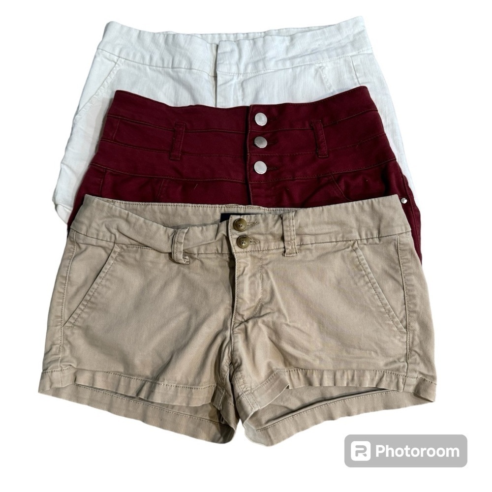 3 pairs of shorts, white maroon & tan, pockets, small & size 2, casual summer.